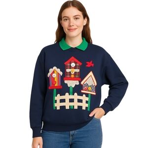 VINTAGE Applique Sweatshirt Womens XL Navy Birdhouses Buttons Lace Cottagecore